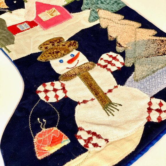 Vintage Handmade Christmas‎ Stocking with Snowman Scene, Upcycled Fabric - Picture 4 of 8